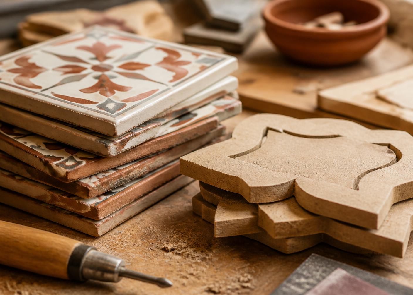Azulejos impressos e peças de MDF cortadas sobre a bancada de trabalho